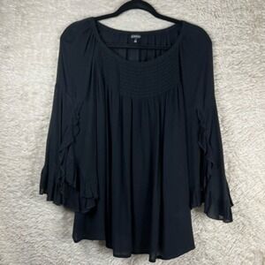 Hannah Womens Blouse Black Bell Sleeve Scoop Neck‎ Smocked Ruffles Sz S Flowy